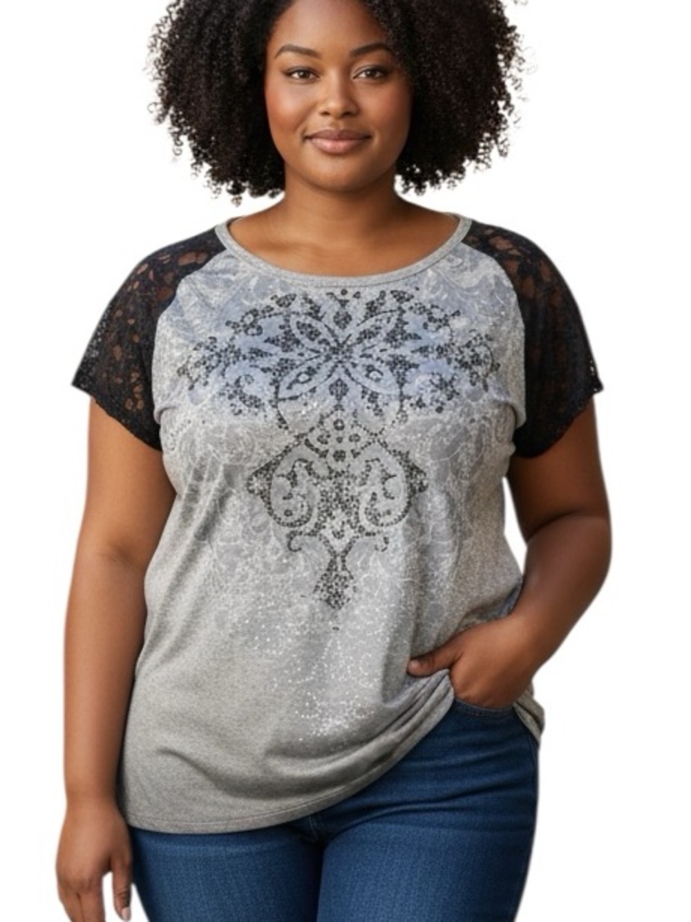 MAURICES: Premium Lace Sleeve Rhinestone Embellished T-Shirt -Size 1X